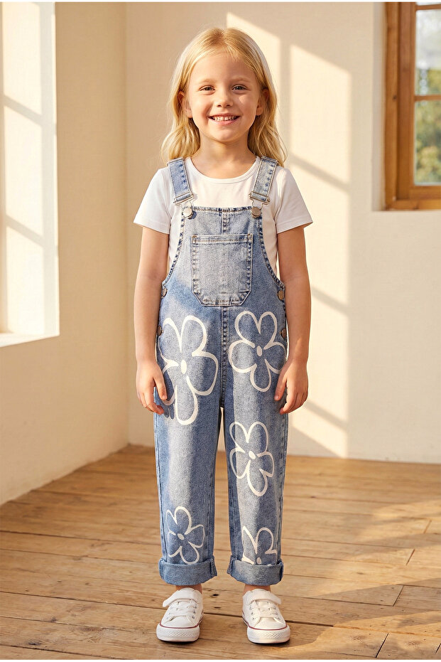 Floral Printed Denim Girls' Salopet Jeans Overalls