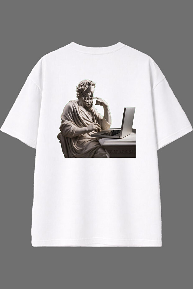 Thoughtful Man Design White Oversize T-Shirt with Back Print