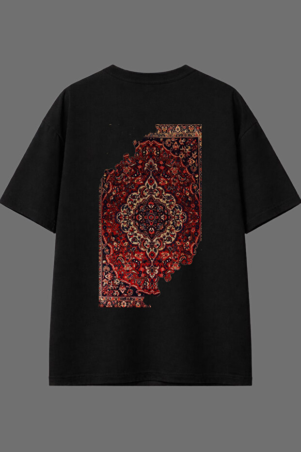 Ripped Ethnic Carpet Design Back Printed Black Oversize T-Shirt