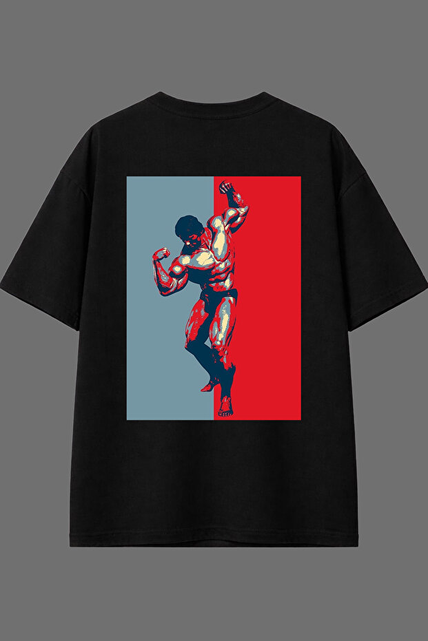 Retro Muscular Man Design Back Printed Black Oversize t Shirt