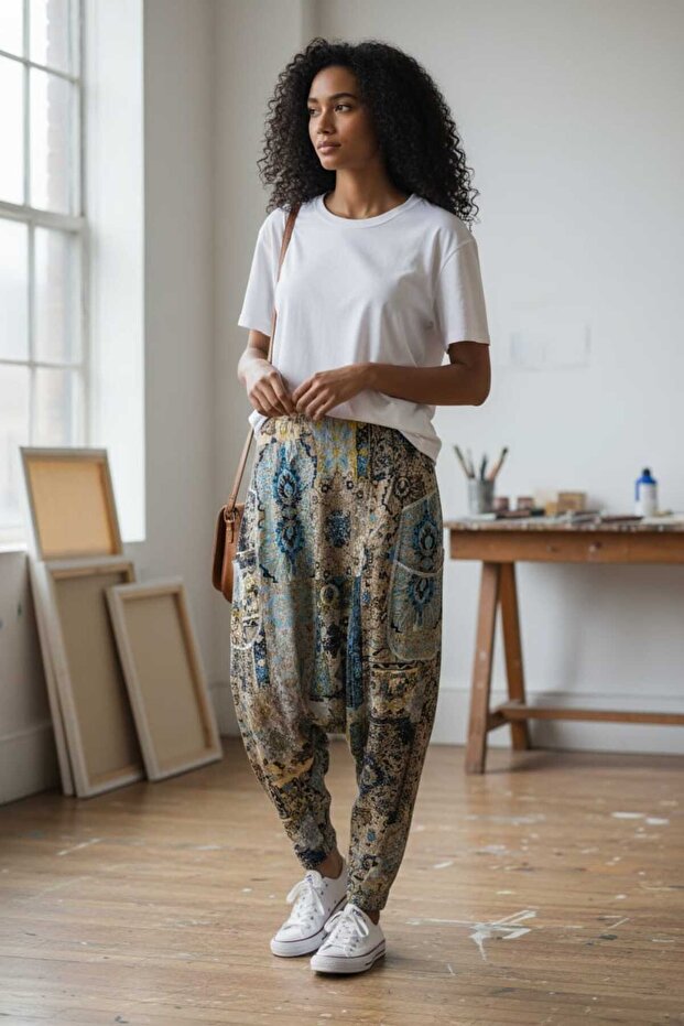 Ethnic Patterned Women's Shalwar Pocketed , Elastic Waist, Comfortable Cut Casual Shalwar Trousers