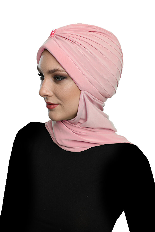 Handcrafted Pearl Embroidered Powder Ready Turban Hijab with Pearls and Scarf, Suitable for Medical Use