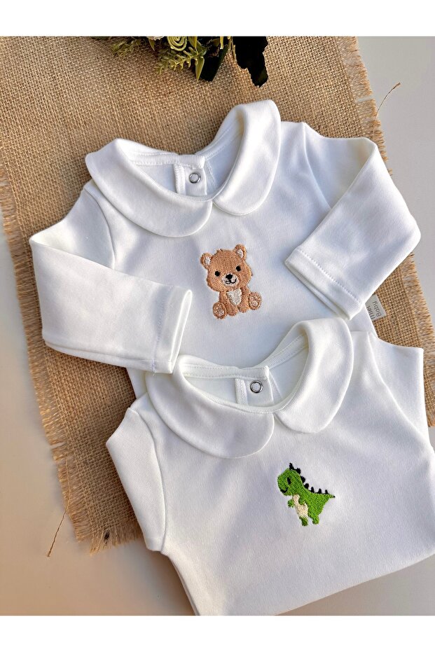 2-Pack Embroidered Snap Fastener Bodysuit - Green Dino & Teddy Bear