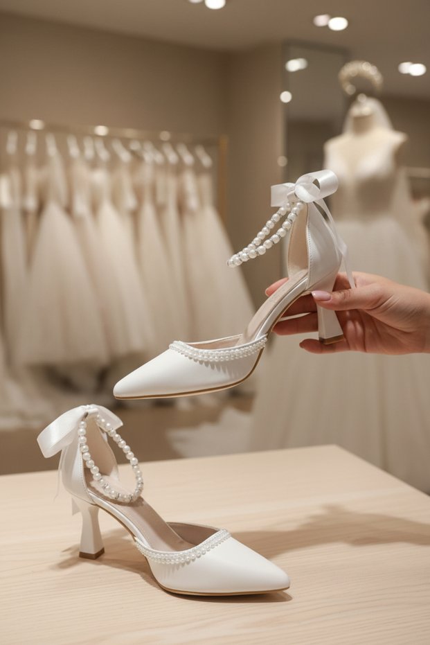 Low Heel Shoes with Pearls on the Ankle and Front, White Skin with Pearls and Pearls on the Upper, Evening Dress Shoes