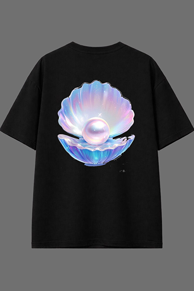 Pearl Shell Design Back Printed Black Oversize T-Shirt
