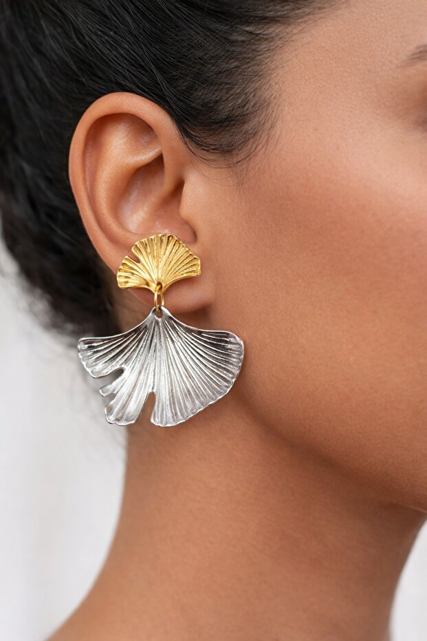 Women's Ginkgo Leaf Detailed Double Color Steel Dangle Stud Earrings
