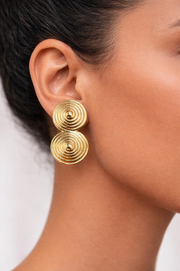 Women's Yellow Steel Double Circle Spiral Geometric Stud Earrings
