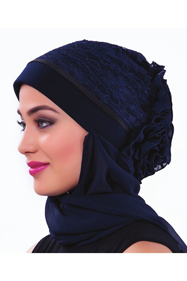 Corded Scarf, Ruffles on the Back, Pleated Piping on the Front, Navy Blue Ready-made Hijab Hijab Bonnet