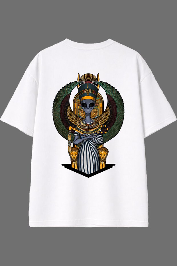 Skeleton Pharaoh Design Back Printed White Oversize t Shirt