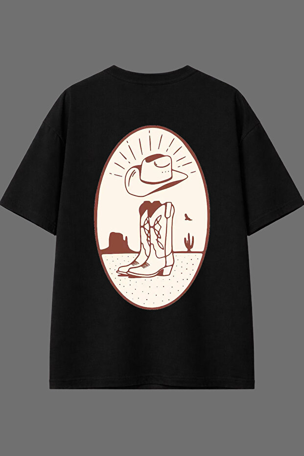 Women's Cowboy Design with Boots and Back Print Black Oversize T-Shirt