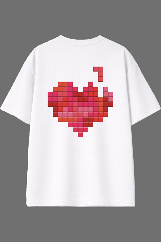 Cube Cube Heart Design Back Printed White Oversize t Shirt