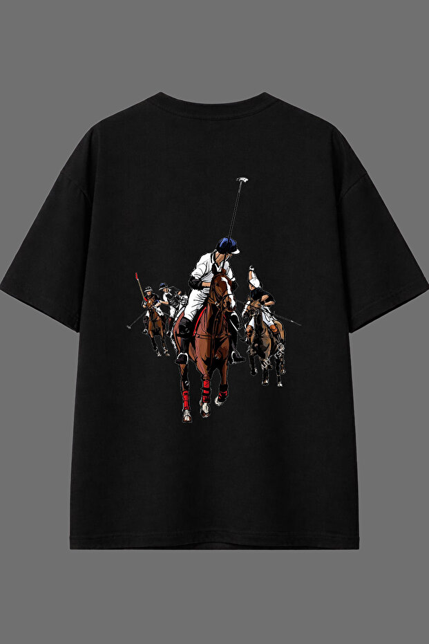 تي شيرت أسود كبير الحجم بتصميم Battle Horse مطبوع من الخلف