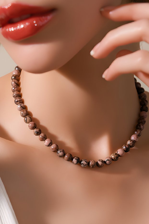 Women's Rodanite Natural Stone Necklace 8 mm Quality Premium Stones