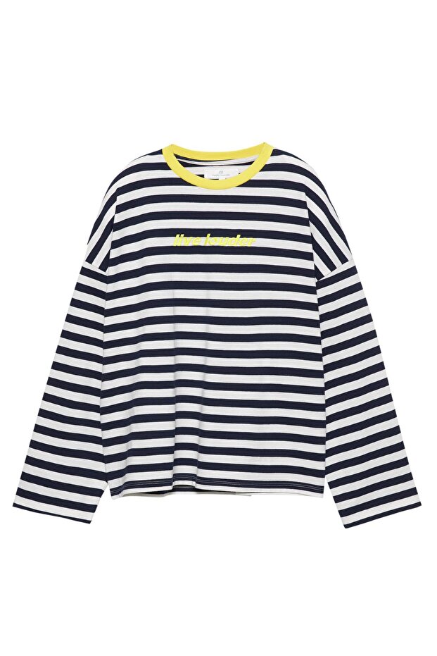 Kontrast işlemeli çizgili t-shirt - 4