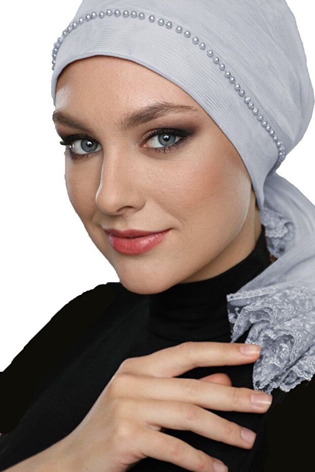 Pearled Tulle Tied Tulle Coated Lace Pearl Embroidered Gray Ready Made Outer Bonnet Hijab Evening Dress