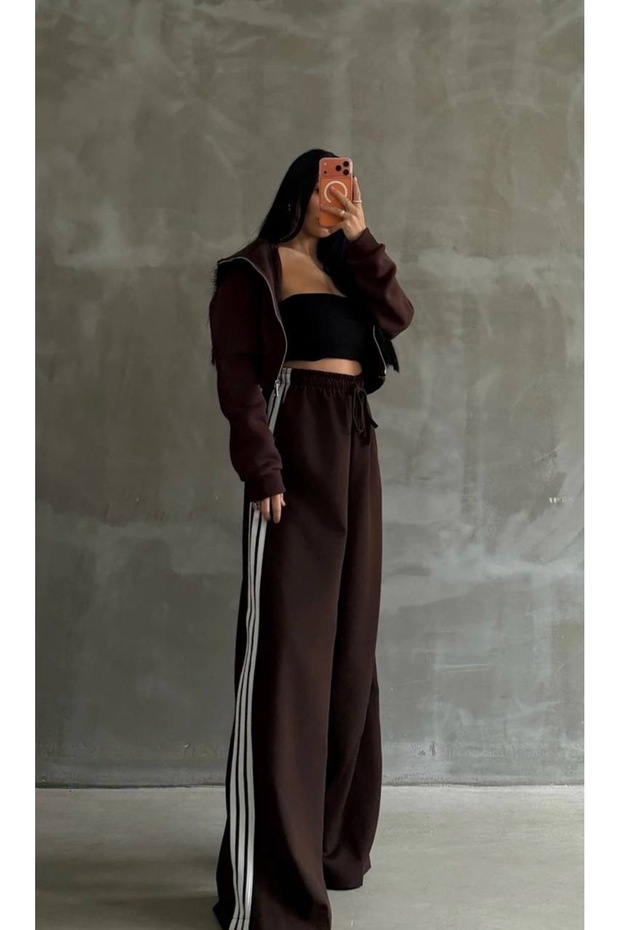 Brown High-Waisted Wide-Leg Striped Lace-Up Trousers - 7091