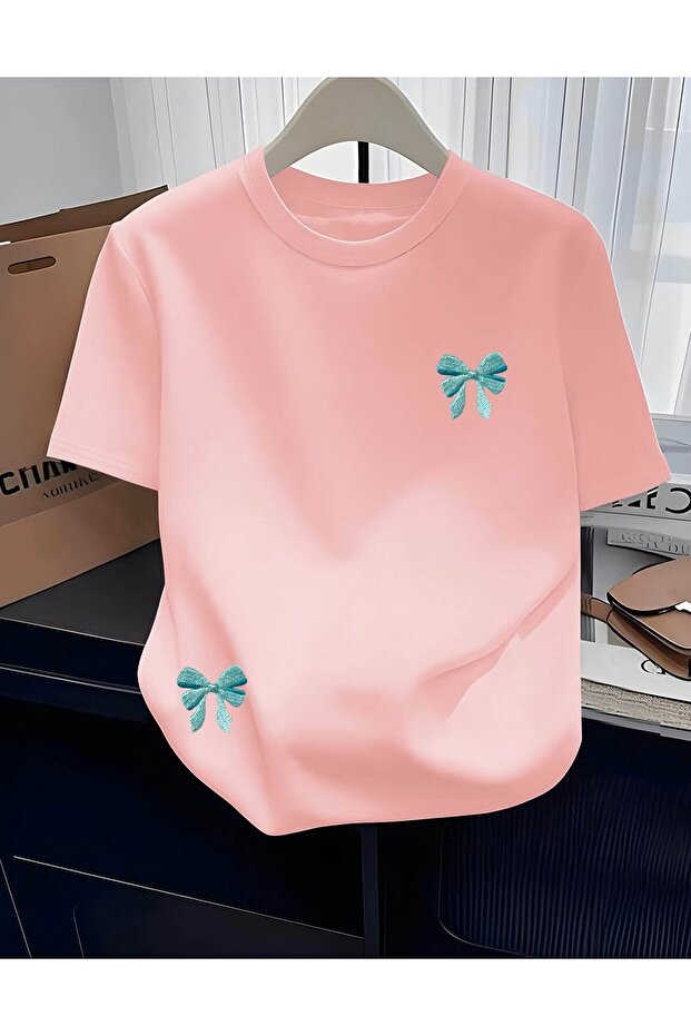 Decorated Bow Printed Short Sleeve T-Shirt