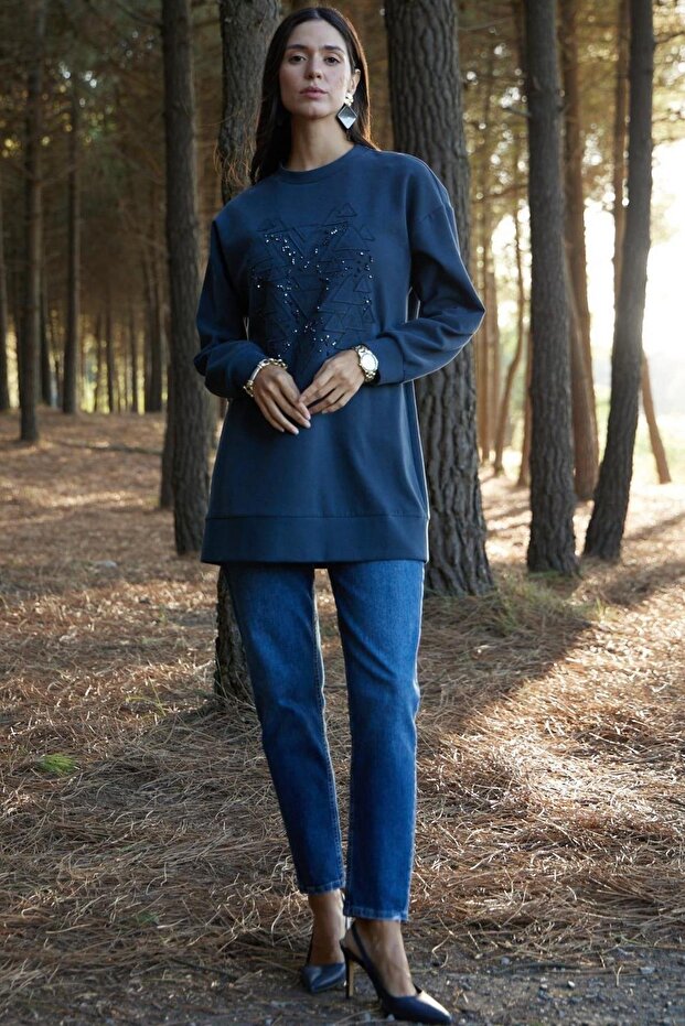 NAKIŞLI TAŞLANMIŞ TENCEL ÖRME TUNİK - 1