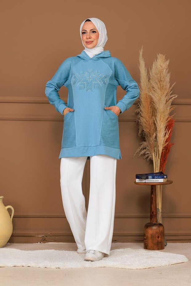 TAŞ APLİKELİ KAPÜŞONLU SWEATSHIRT - 4