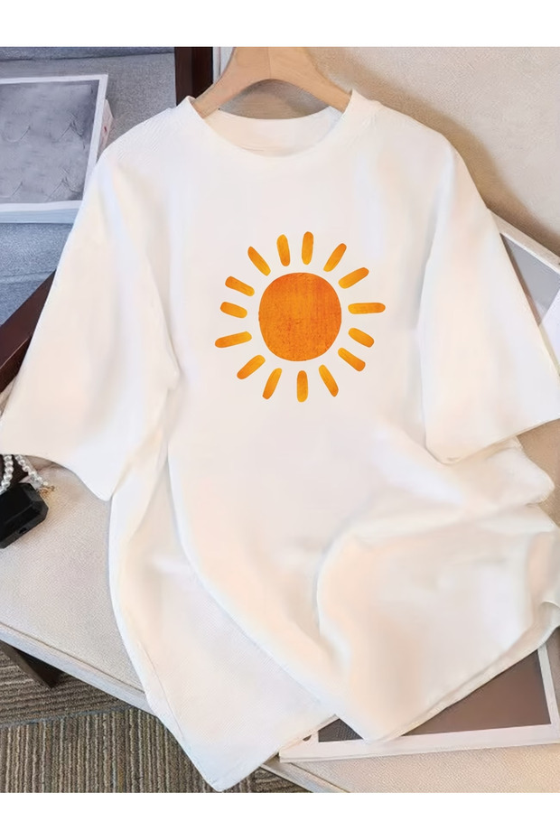 sun Printed Oversized Women/Men Unisex White T-Shirt