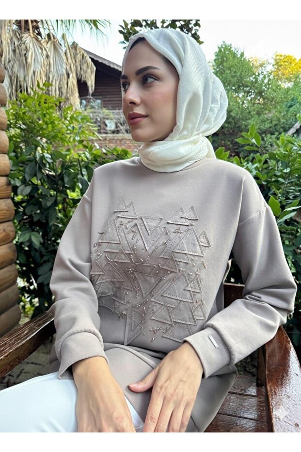 NAKIŞLI TAŞLANMIŞ TENCEL ÖRME TUNİK - 2