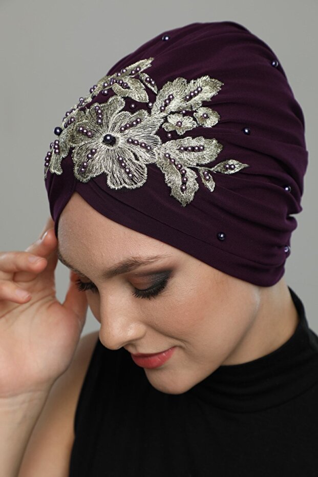 Ripped Lined Embroidered Purple Threaded Motif Ready-made Hijab Hijab Evening Dress Bonnet