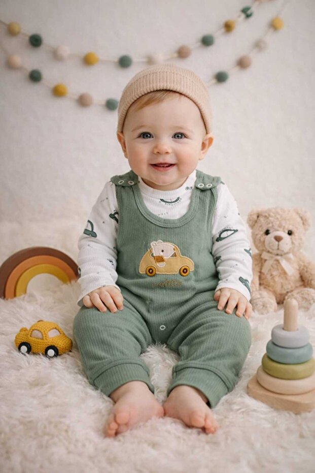 Car Embroidered Patterned Pocketed Corduroy Baby Boy Overalls Salopet Bahçıvan 3Month,6Month,9Month