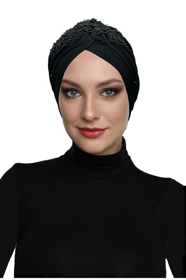 Ripped Lined Embroidered Black Lace Motif Ready-made Hijab Hijab Evening Dress Bonnet