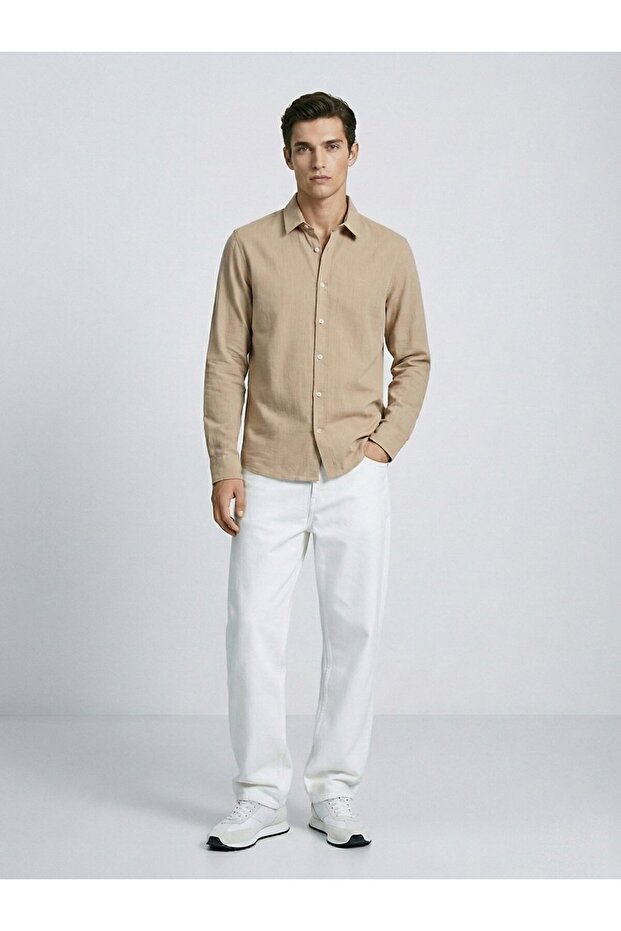 Uzun Kollu Regular Basic Bej Gömlek - 1