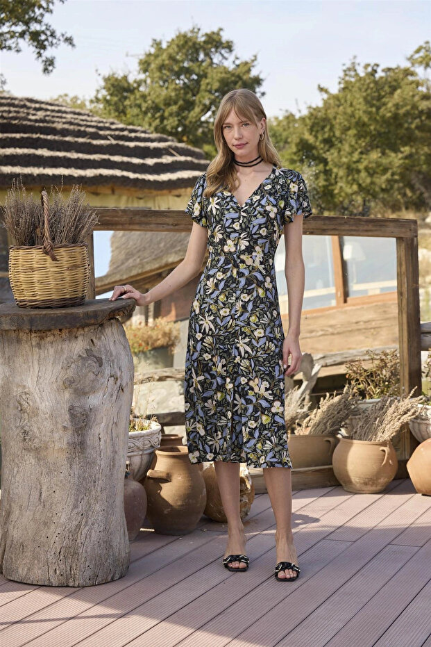 Clothing 100% Viscose Patterned Front Buttoned Dress