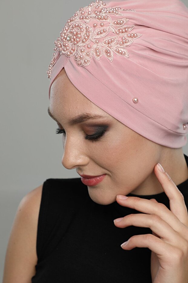 Plucked Lined Embroidered Powder Rose Motif Ready-made Hijab Hijab Evening Dress Bonnet