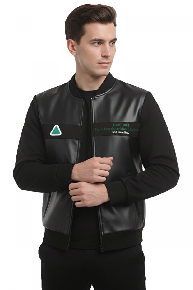 Black Slim Fit Men's Faux Leather Jacket / Coat – College Collar Combed Cotton Sleeves Jacket Coat 2600738
