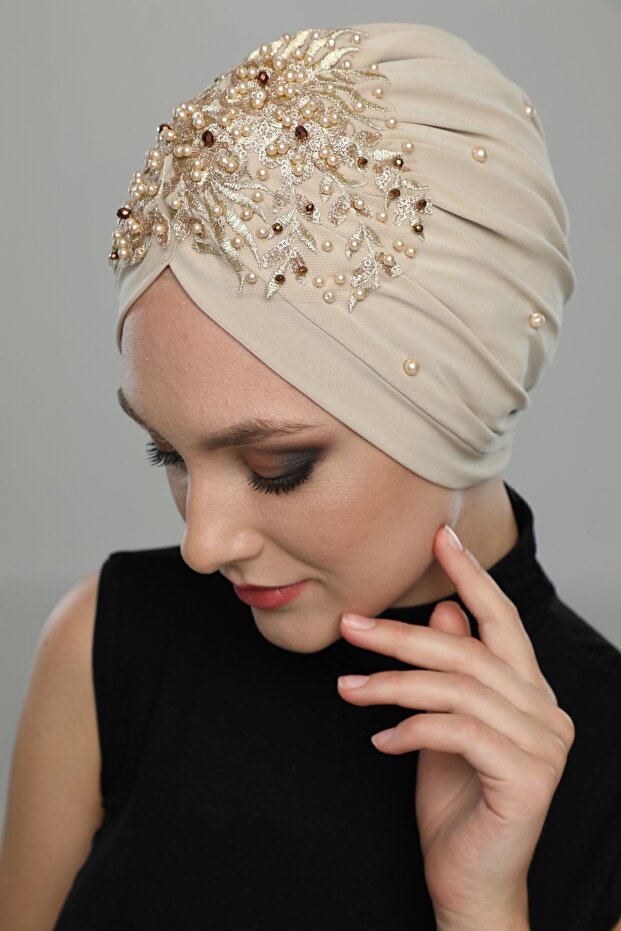 Detached Lined Embroidered Beige Wide Threaded Motif Ready-made Hijab Hijab Evening Dress Bonnet
