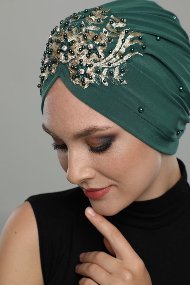 Ripped Lined Embroidered Green Threaded Motif Ready-made Hijab Hijab Evening Dress Bonnet