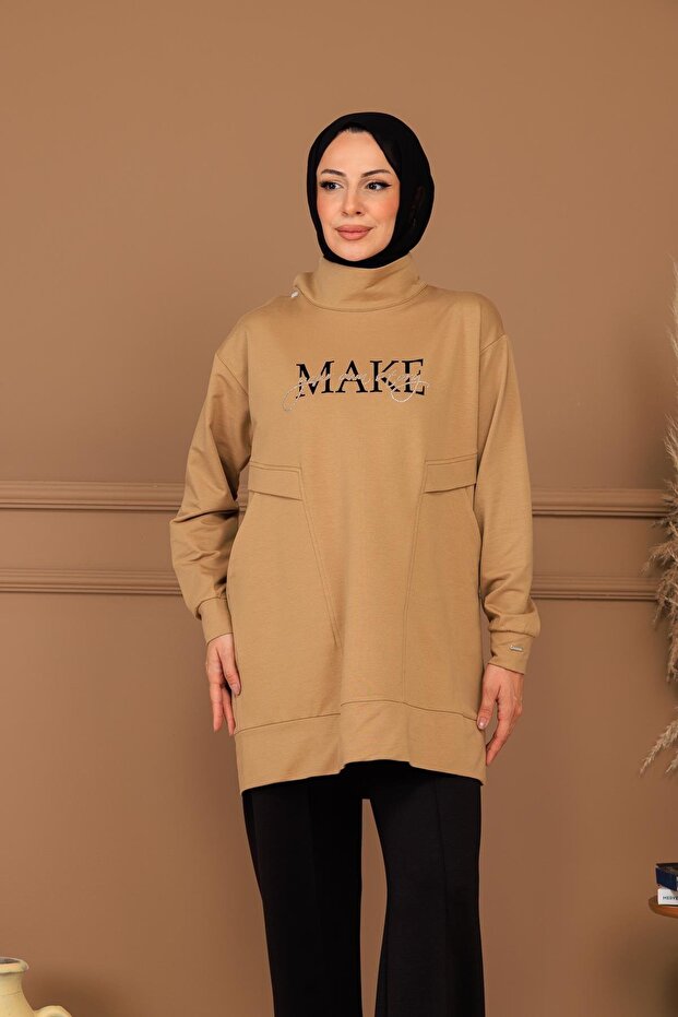 High Collar Pocket Sweatshirt with Writing - 1