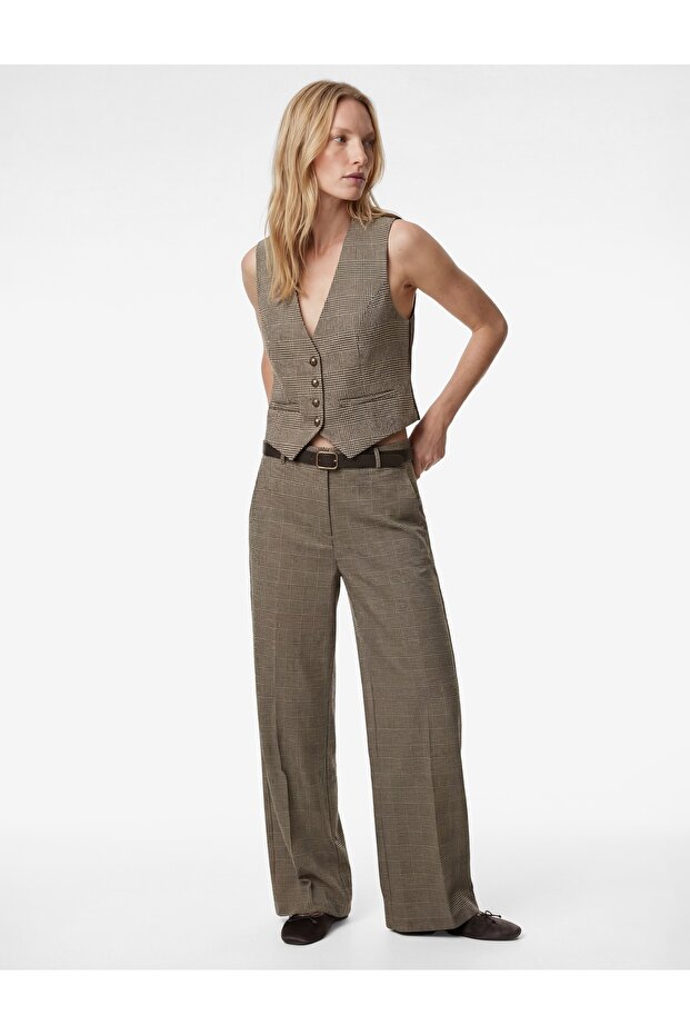 Belted Wide-Leg Fabric Plaid Trousers with Pockets