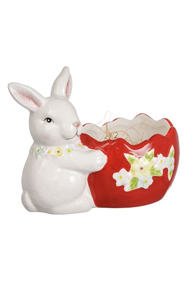 Ceramic Rabbit Support Red Egg & Flowers for Easter - 2