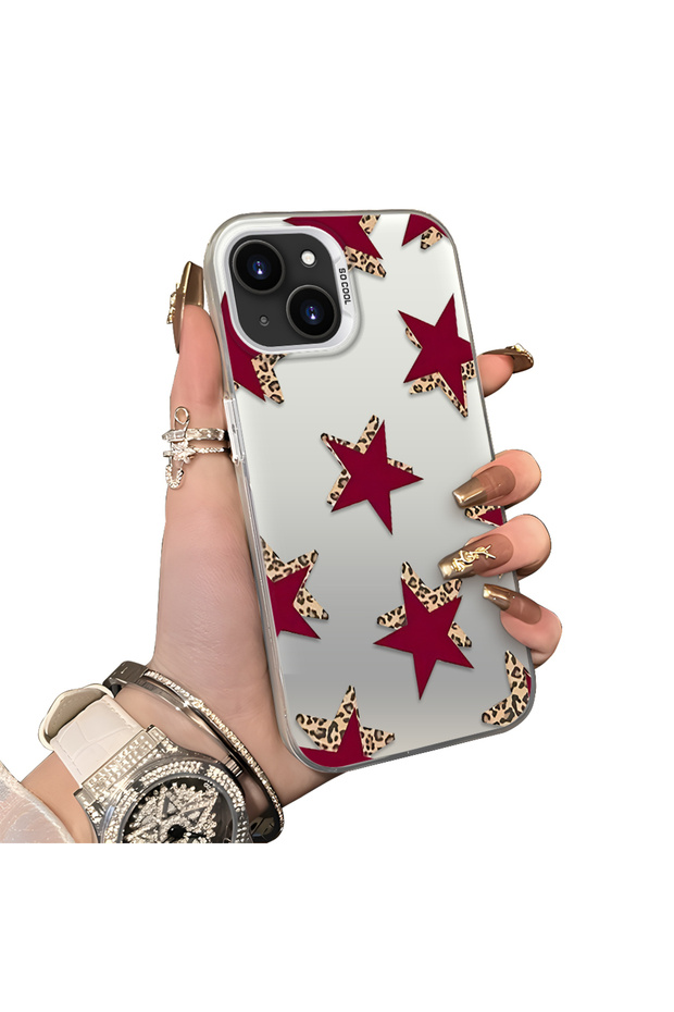iPhone 14 Plus/15 Plus Compatible Hard Acrylic Back Silicone Edge Lens Protection Five Star Pattern Case