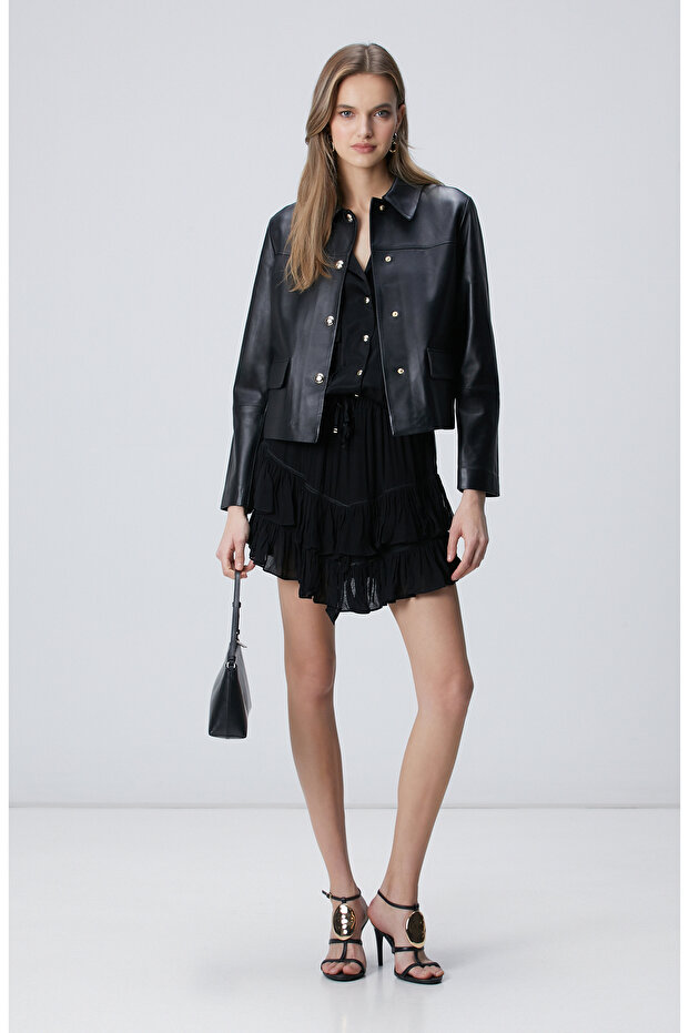 Siyah Volanlı Mini Etek - 1