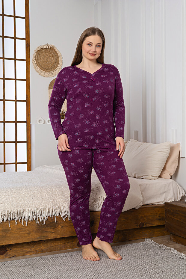 Patterned Large Size Viscon Women's Long Sleeve Pajama Set