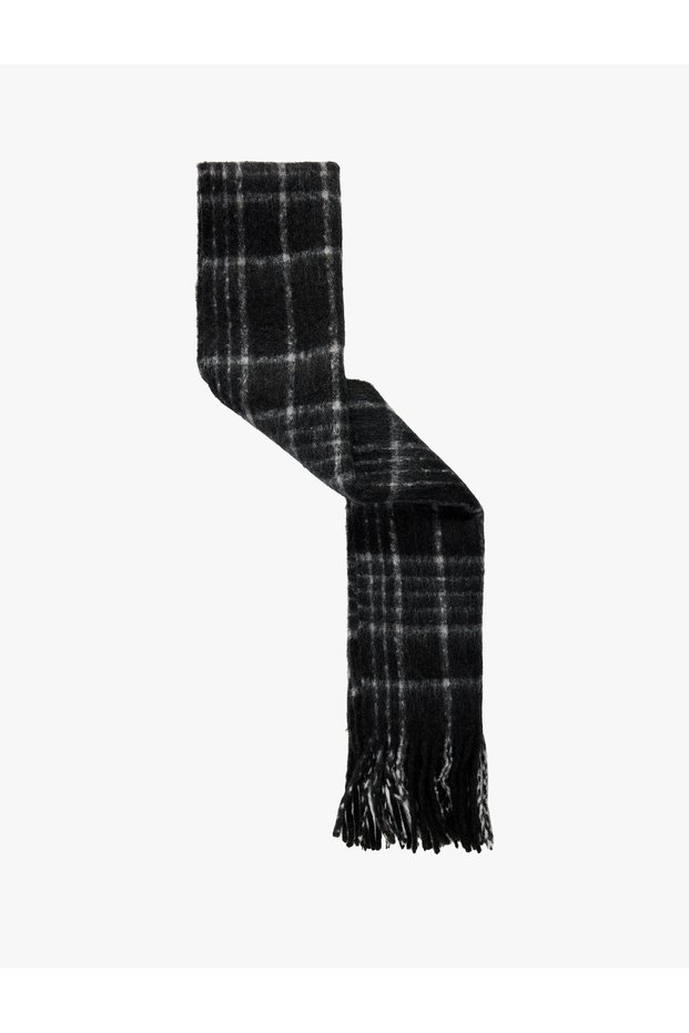 Wool Blend Plaid Long Scarf with Tassels