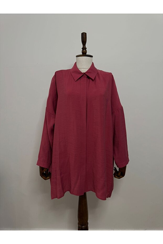 3001 Oversize Basic Red Plum Renk Gömlek - 2