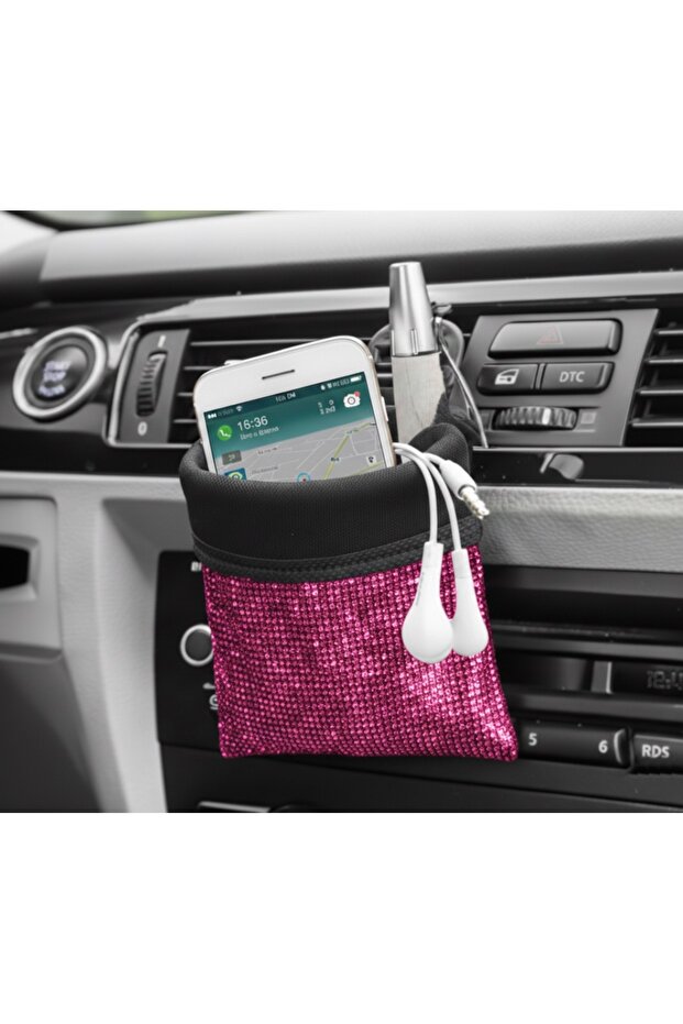 Crystal Stone Car Interior Pouch Pocket Organizer Glove Box Side Storage Organizer Pen Holder Phone Holder Pink
