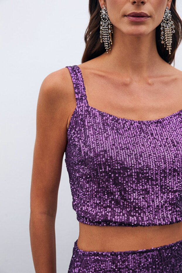 Payetli Crop Bluz - Mor - 6