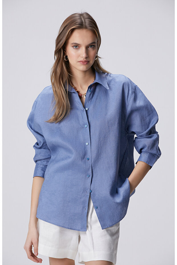 Mavi Keten Gömlek - 1
