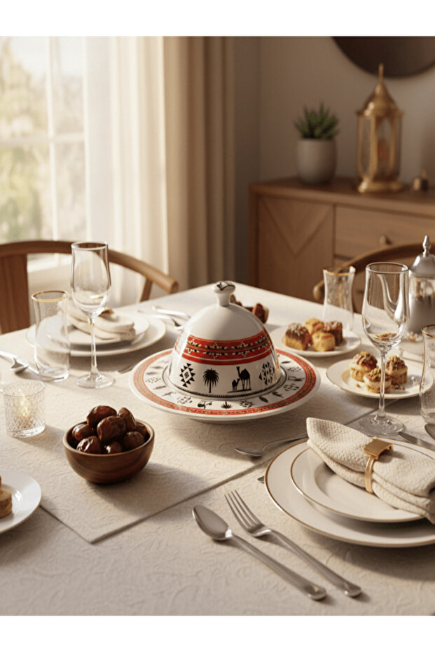 Yuniverse Melamine Serving Tray with Dome Lid – 32 cm White with Arabian Pattern Design