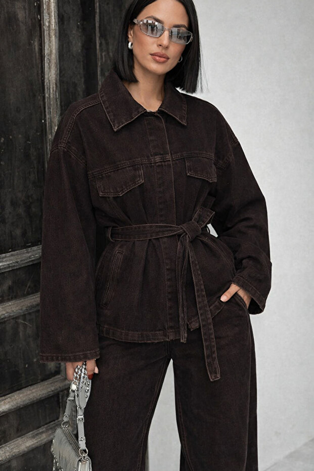 Brown Tie-Detail Denim Set Oversized Jacket and High-Waist Pants