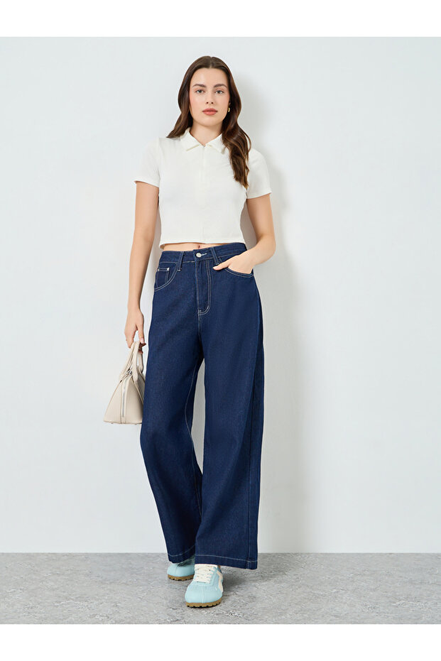 Women Dark Blue Wash Wide Leg Jeans