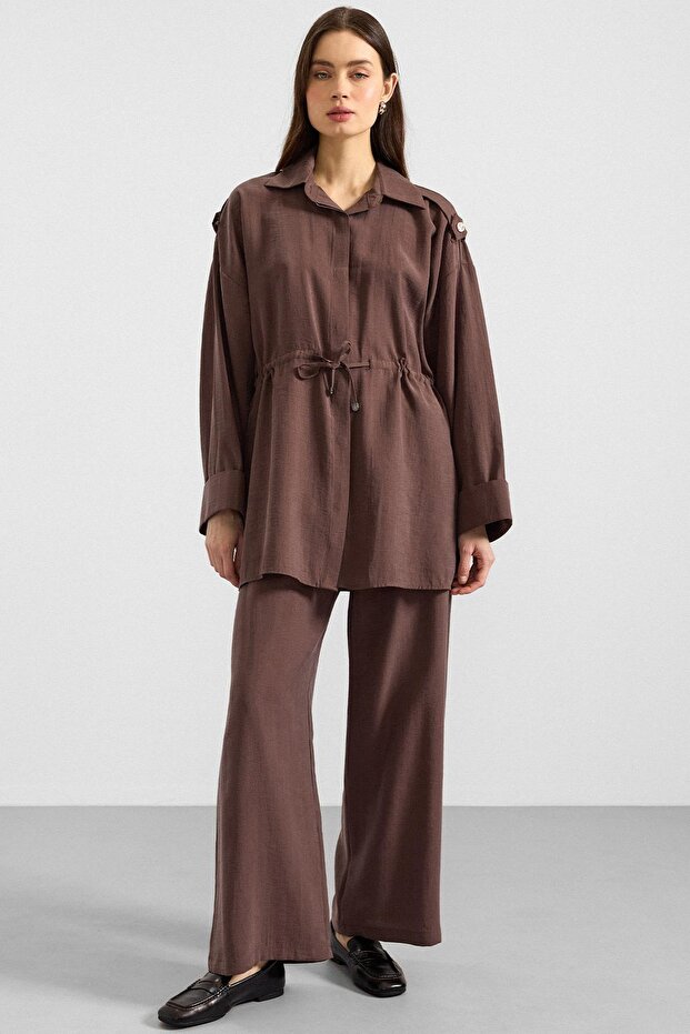 Soft Fabric Jacket and Trousers Set with Epaulet and Drawstring Detail Brown 9399-Tk