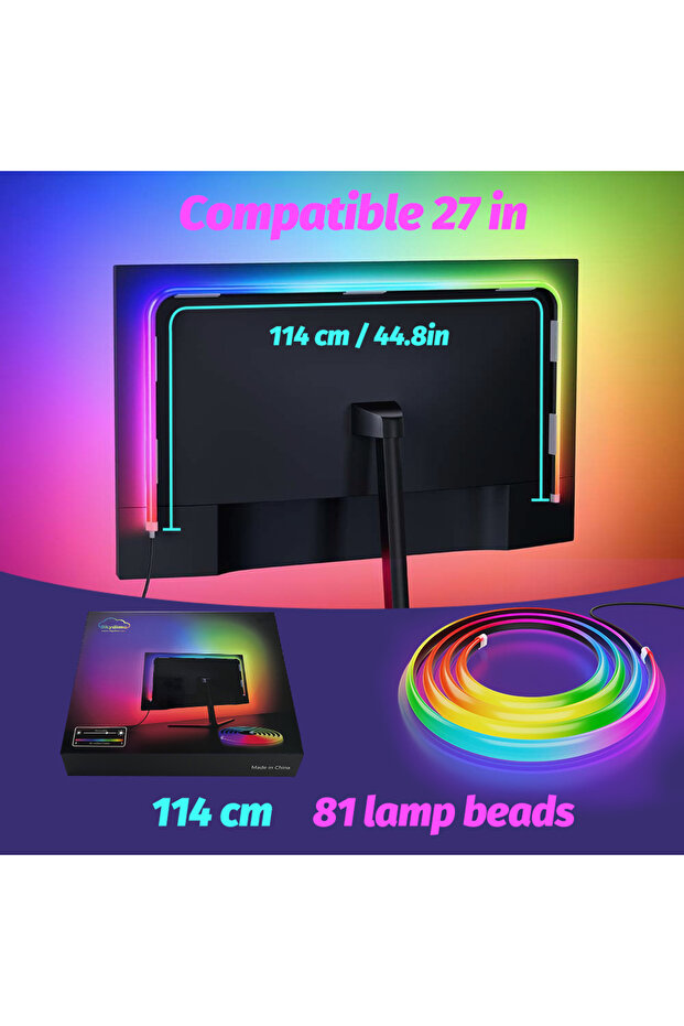 شريط إضاءة LED بطول 27 بوصة، شريط إضاءة ذكي للألعاب، إضاءة خلفية للكمبيوتر، تحكم بالموسيقى عبر تطبيق.
